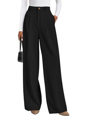 Women's Black Business Casual Flowy Work High Waisted Wide Leg Dress Pants